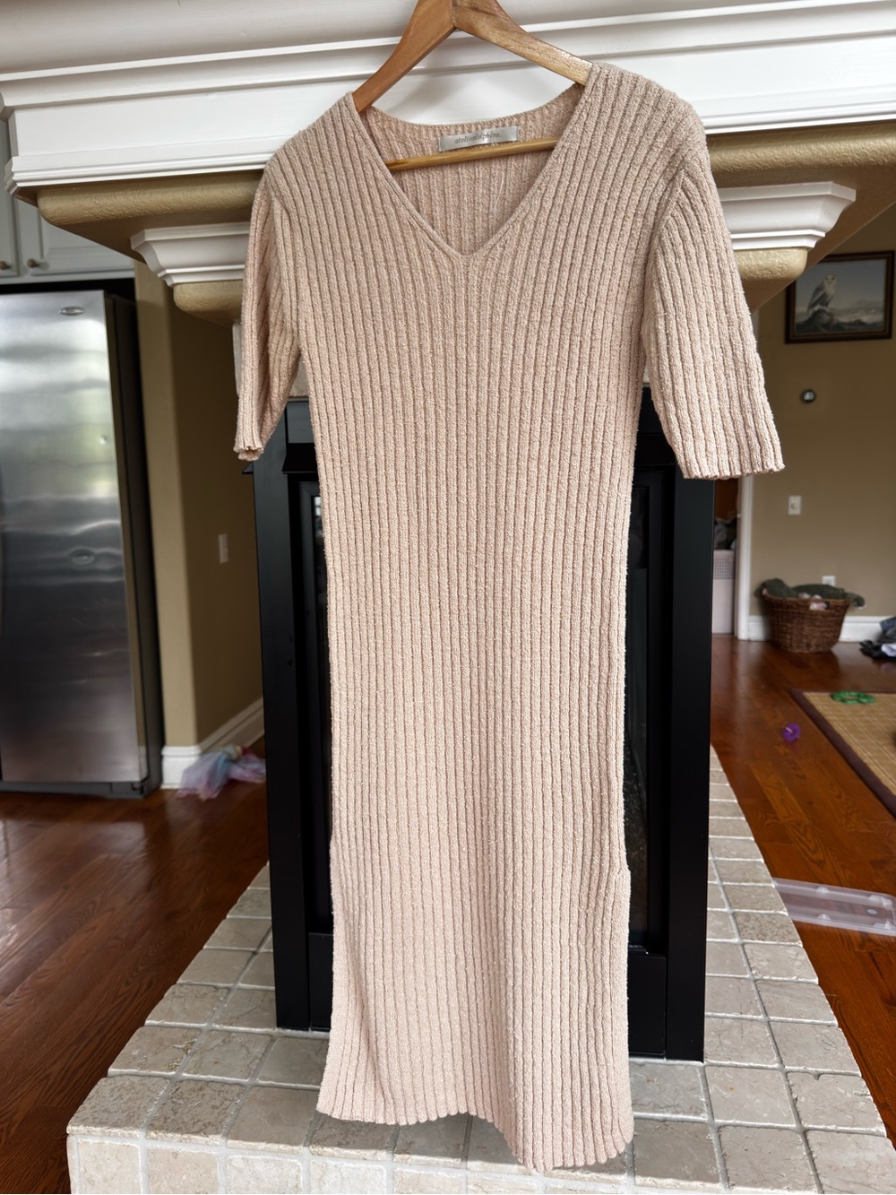 Atelier Delphine Cream Boucle Knit V Neck Midi Dress with Slit Size M